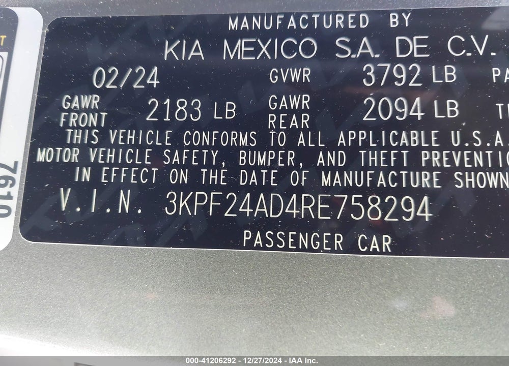 2024 KIA FORTE LXS VIN: 3KPF24AD4RE758294