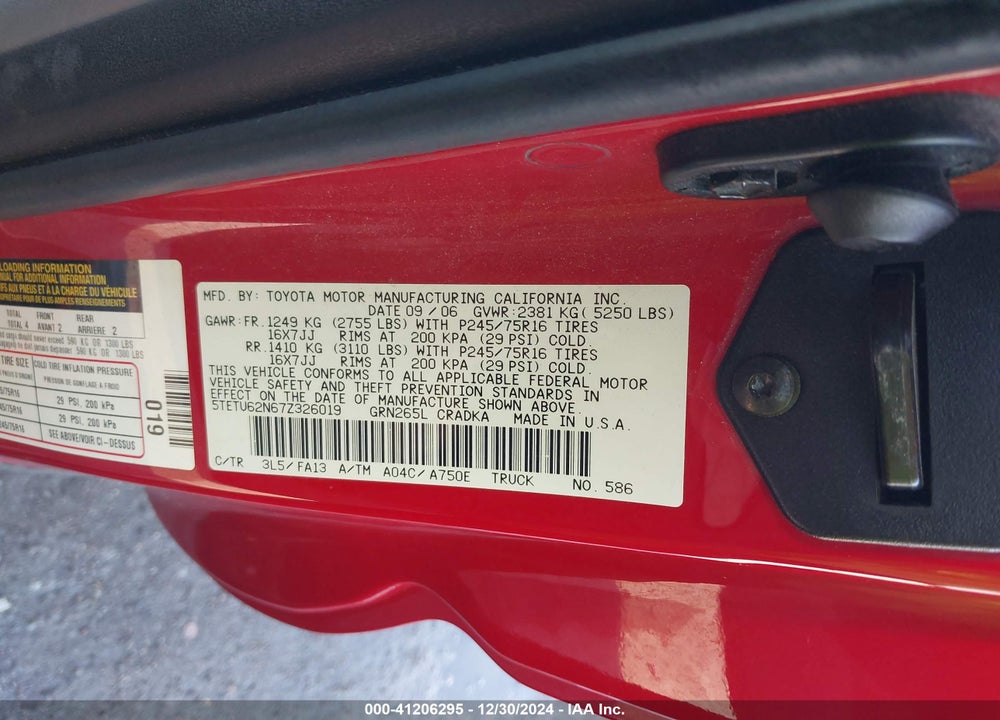 2007 TOYOTA TACOMA PRERUNNER V6 VIN: 5TETU62N67Z326019