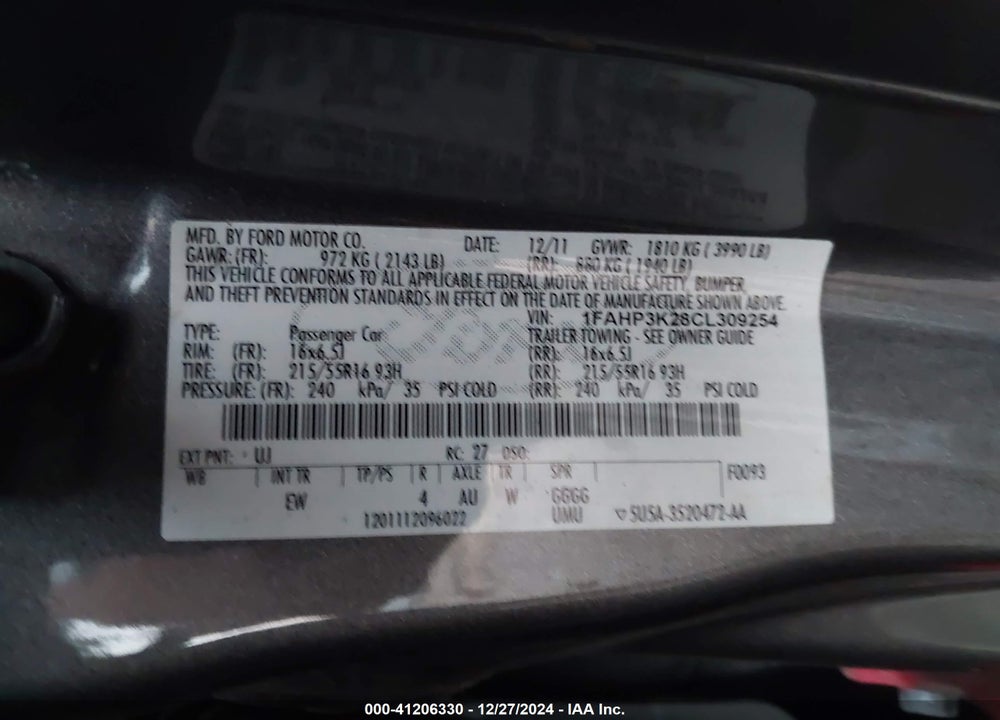 2012 FORD FOCUS SE VIN: 1FAHP3K28CL309254