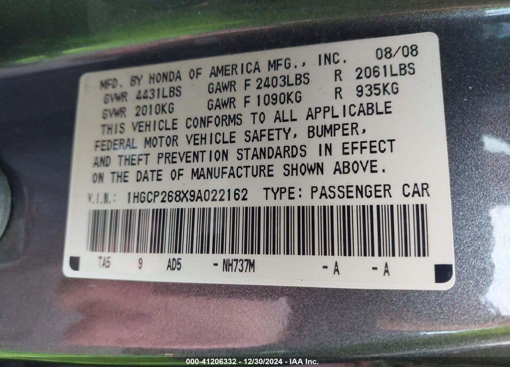 2009 HONDA ACCORD 2.4 EX-L VIN: 1HGCP268X9A022162