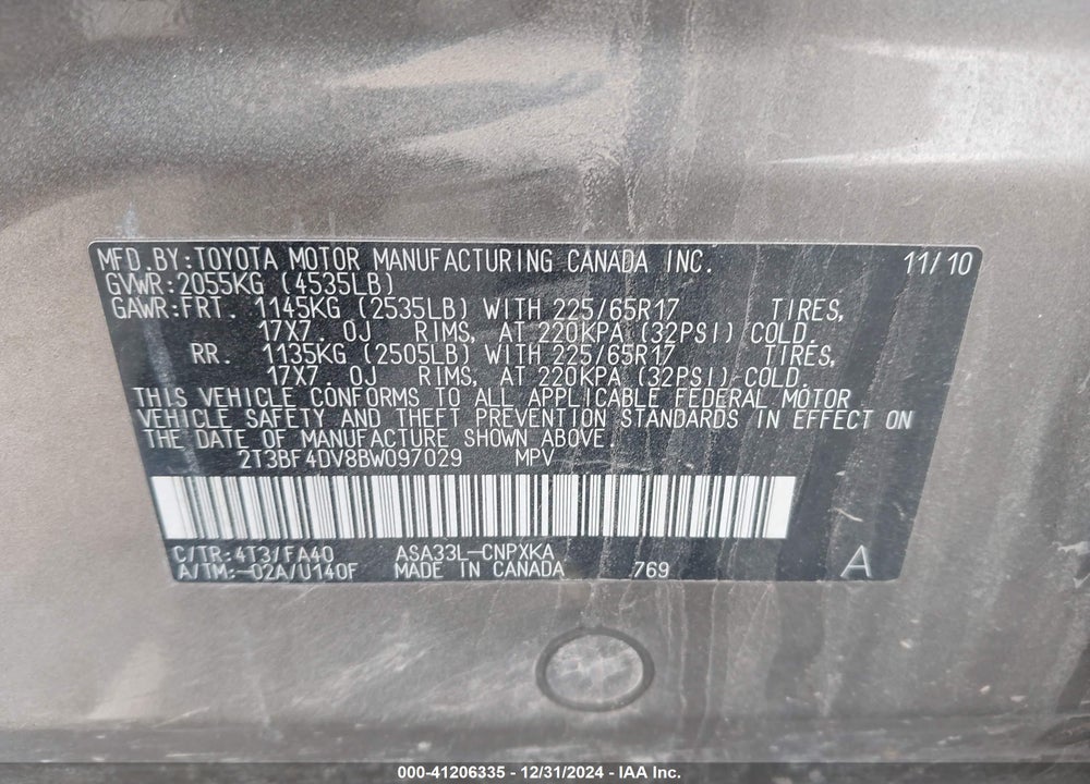 2011 TOYOTA RAV4 VIN: 2T3BF4DV8BW097029