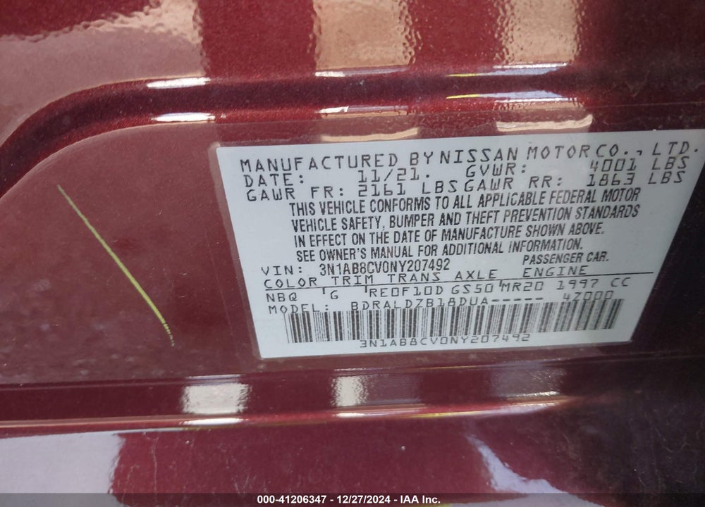 2023 NISSAN SENTRA VIN: 3N1AB8CV0NY207492