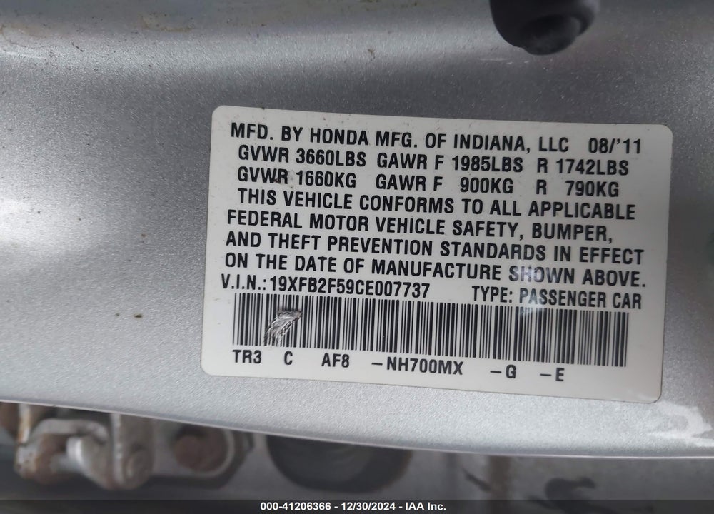 2012 HONDA CIVIC SDN LX VIN: 19XFB2F59CE007737