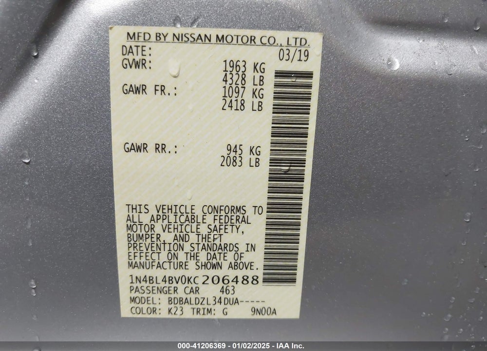 2019 NISSAN ALTIMA 2.5 S VIN: 1N4BL4BV0KC206488