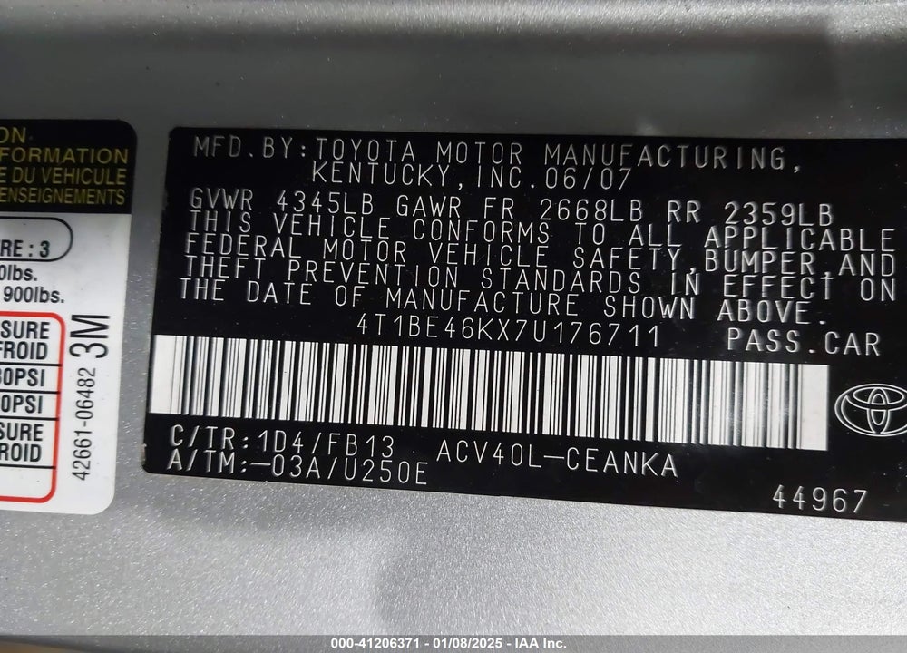 2007 TOYOTA CAMRY LE VIN: 4T1BE46KX7U176711