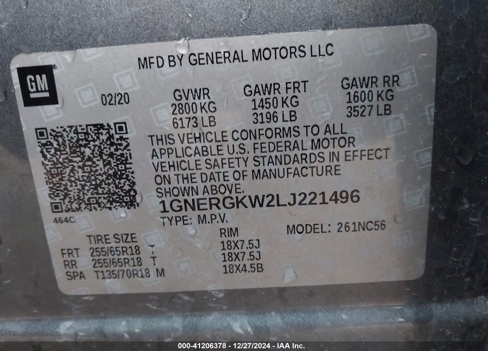 2020 CHEVROLET TRAVERSE FWD LT CLOTH VIN: 1GNERGKW2LJ221496