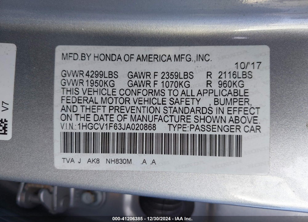 2018 HONDA ACCORD EX-L VIN: 1HGCV1F63JA020868