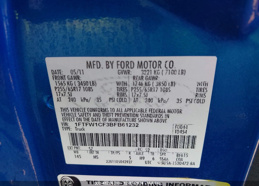 2011 FORD F-150 VIN: 1FTFW1CF3BFB61232