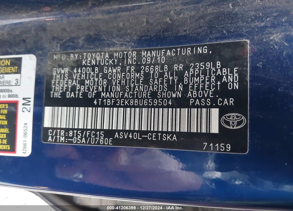 2011 TOYOTA CAMRY VIN: 4T1BF3EK8BU659504