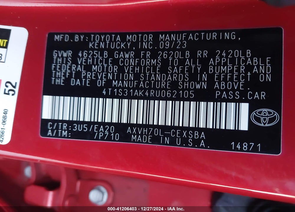 2024 TOYOTA CAMRY HYBRID SE VIN: 4T1S31AK4RU062105