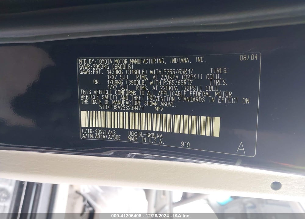 2005 TOYOTA SEQUOIA LIMITED V8 VIN: 5TDZT38A25S239471