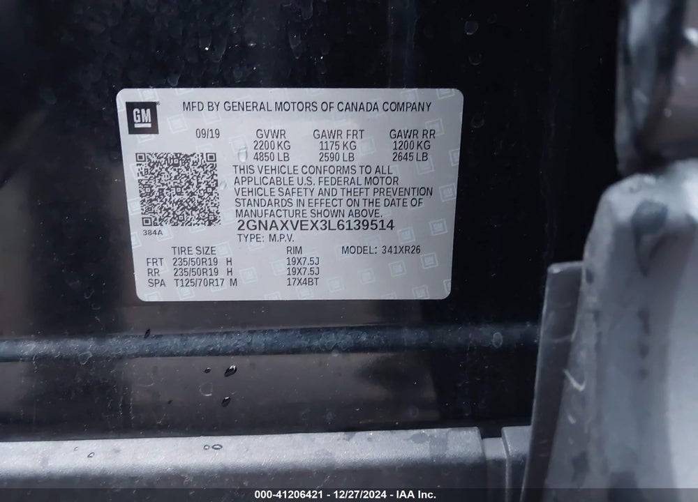 2020 CHEVROLET EQUINOX AWD LT 2.0L TURBO VIN: 2GNAXVEX3L6139514