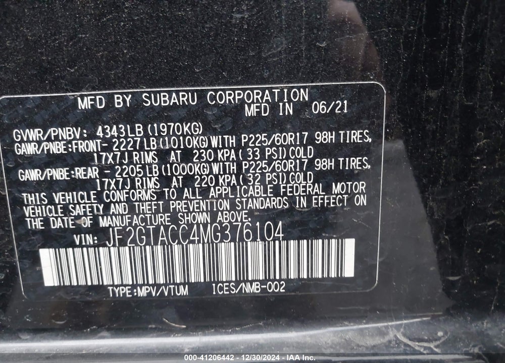 2021 SUBARU CROSSTREK PREMIUM VIN: JF2GTACC4MG376104