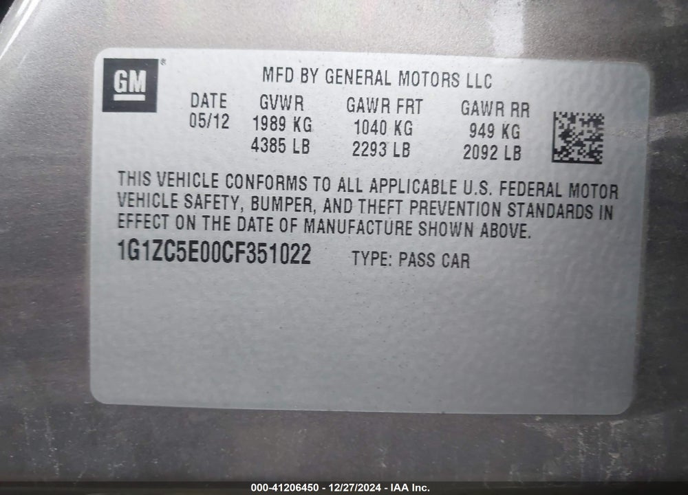 2012 CHEVROLET MALIBU 1LT VIN: 1G1ZC5E00CF351022