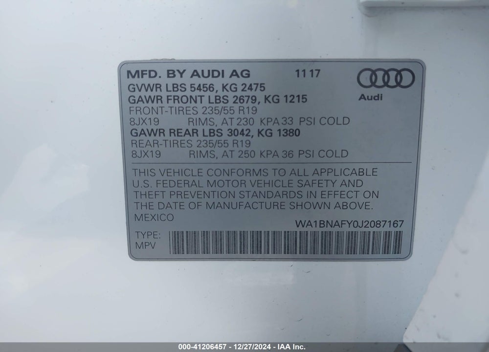 2018 AUDI Q5 2.0T PREMIUM/2.0T TECH PREMIUM VIN: WA1BNAFY0J2087167