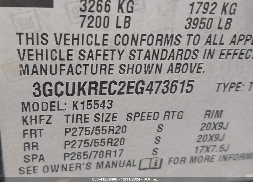2014 CHEVROLET SILVERADO 1500 VIN: 3GCUKREC2EG473615