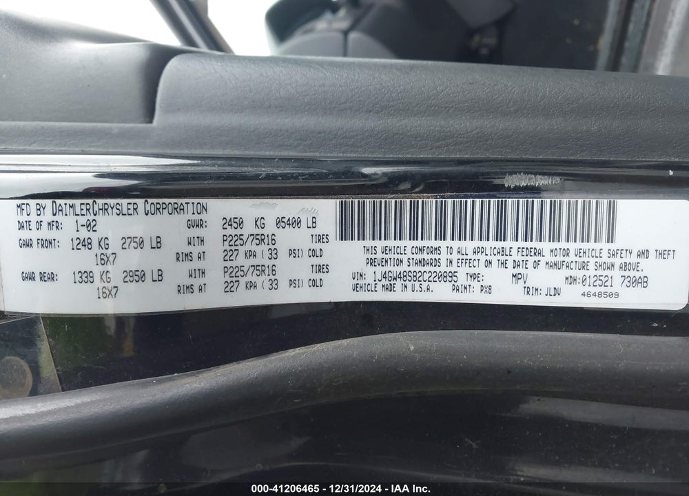 2002 JEEP GRAND CHEROKEE LAREDO VIN: 1J4GW48S82C220895