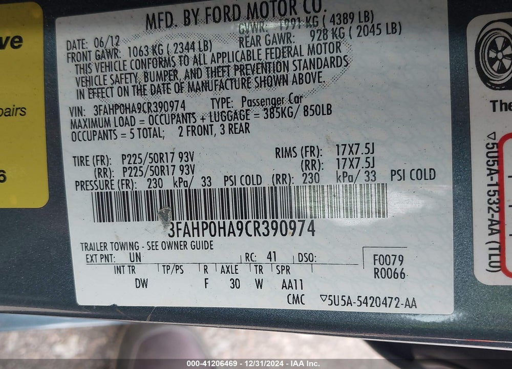 2012 FORD FUSION SE VIN: 3FAHP0HA9CR390974