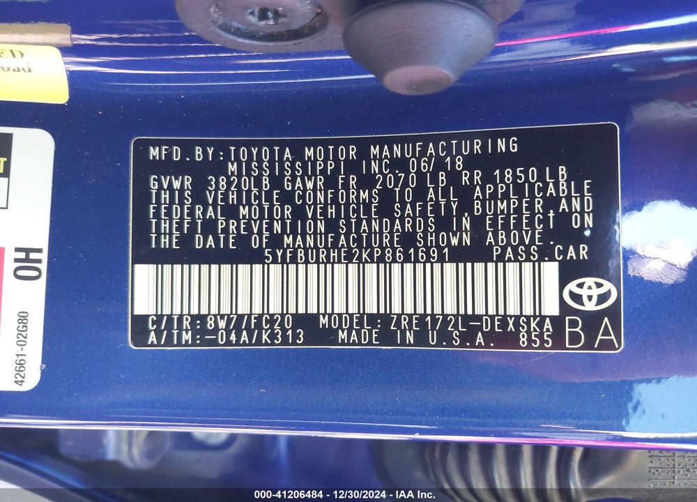 2019 TOYOTA COROLLA VIN: 5YFBURHE2KP861691
