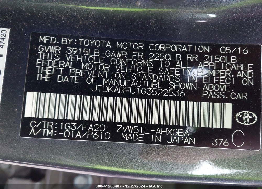 2016 TOYOTA PRIUS THREE VIN: JTDKARFU1G3522536