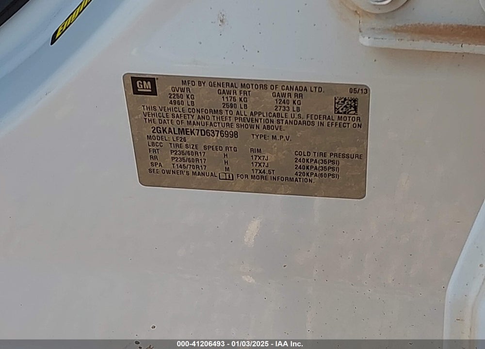 2013 GMC TERRAIN SLE-1 VIN: 2GKALMEK7D6376998