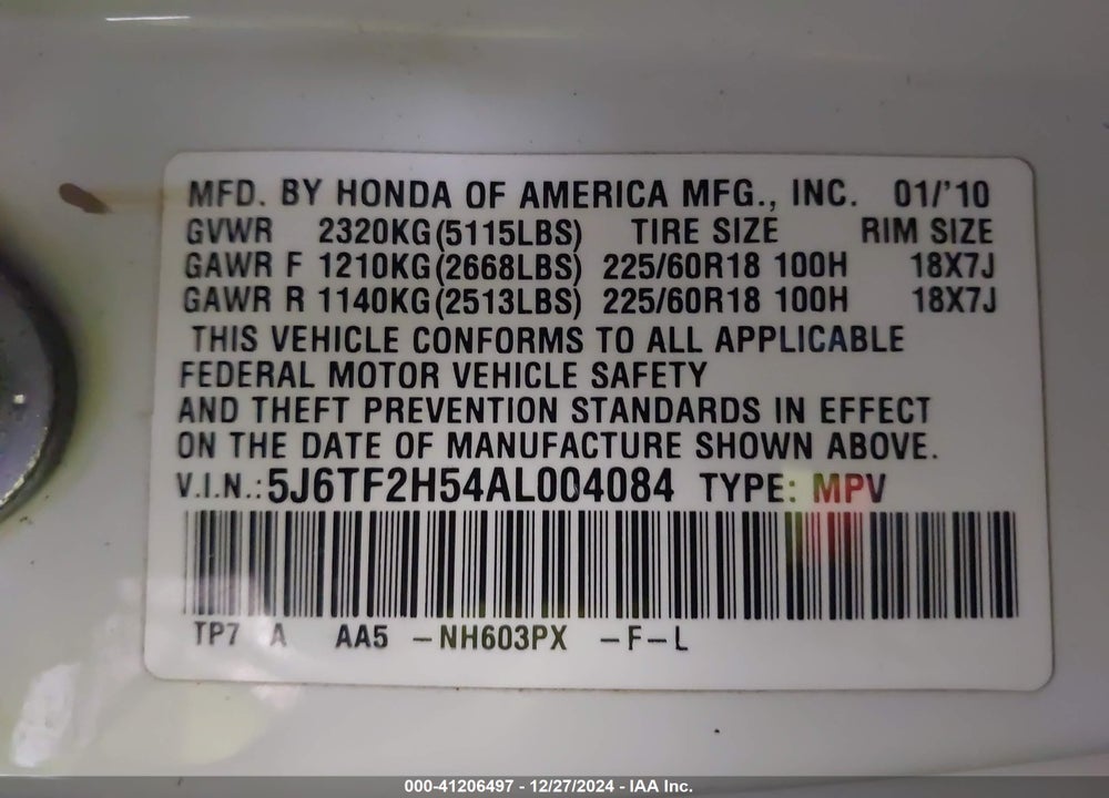 2010 HONDA ACCORD CROSSTOUR EX-L VIN: 5J6TF2H54AL004084