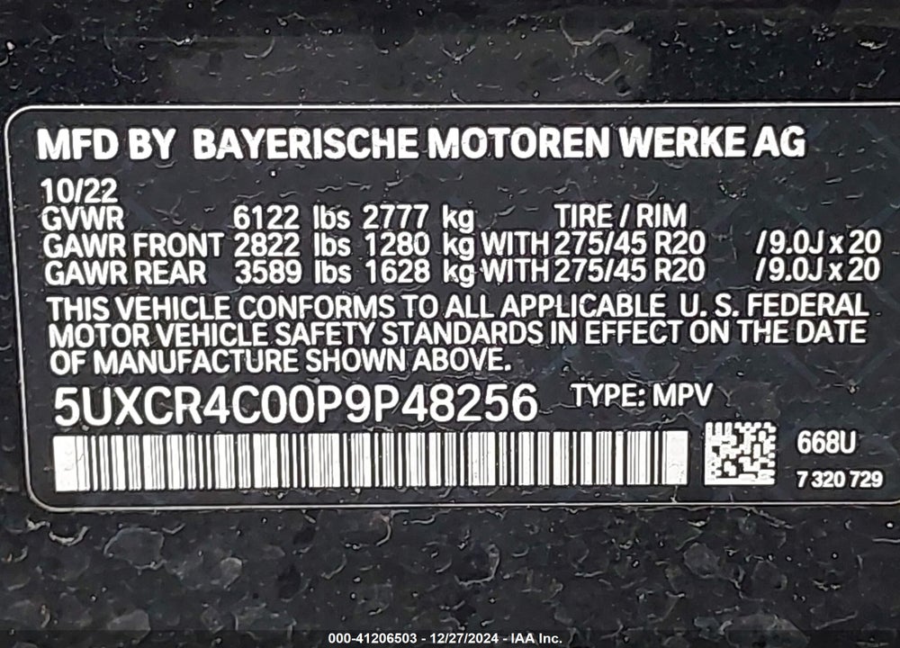 2023 BMW X5 SDRIVE40I VIN: 5UXCR4C00P9P48256