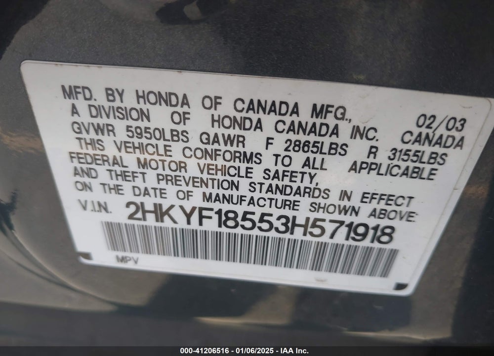 2003 HONDA PILOT EX-L VIN: 2HKYF18553H571918