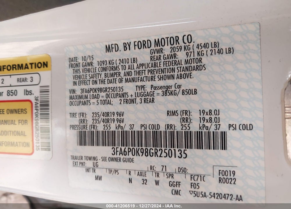 2016 FORD FUSION VIN: 3FA6P0K98GR250135