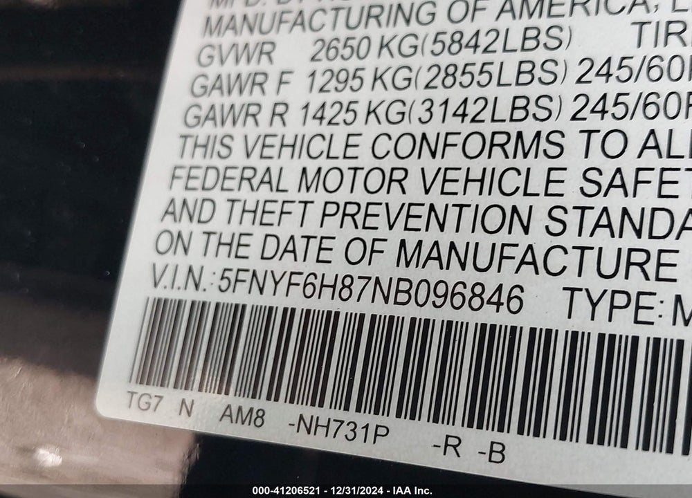 2022 HONDA PILOT AWD TRAILSPORT VIN: 5FNYF6H87NB096846