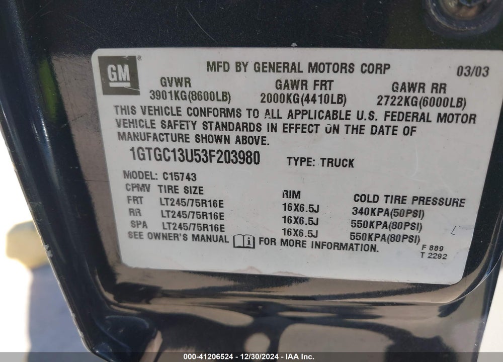 2003 GMC SIERRA 1500HD SLT VIN: 1GTGC13U53F203980
