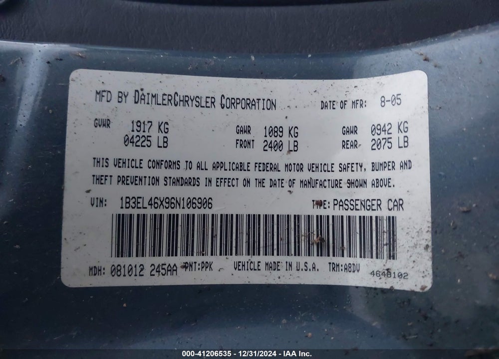2006 DODGE STRATUS SXT VIN: 1B3EL46X96N106906