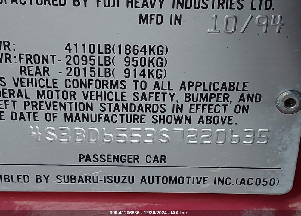1995 SUBARU LEGACY LS/LSI VIN: 4S3BD6553S7220635