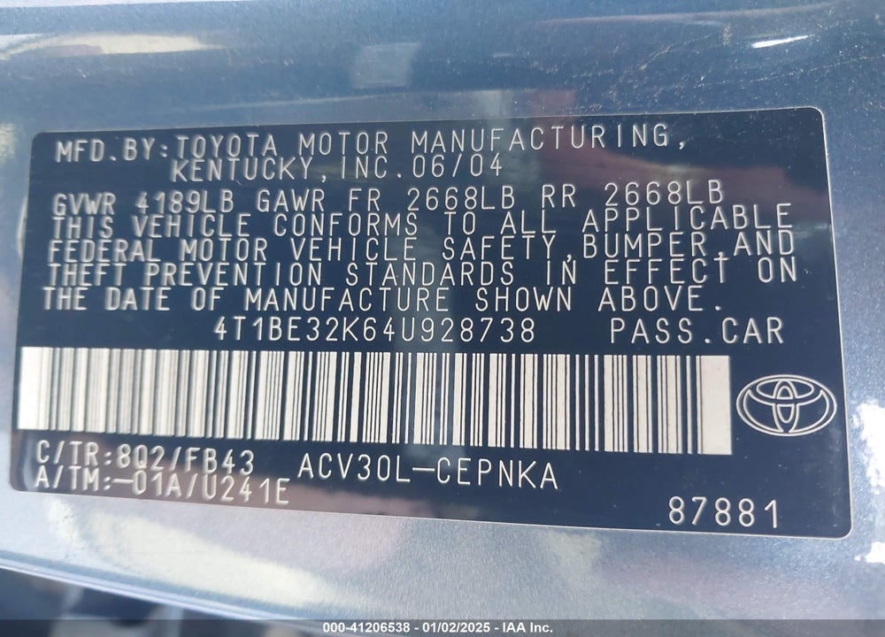 2004 TOYOTA CAMRY LE VIN: 4T1BE32K64U928738