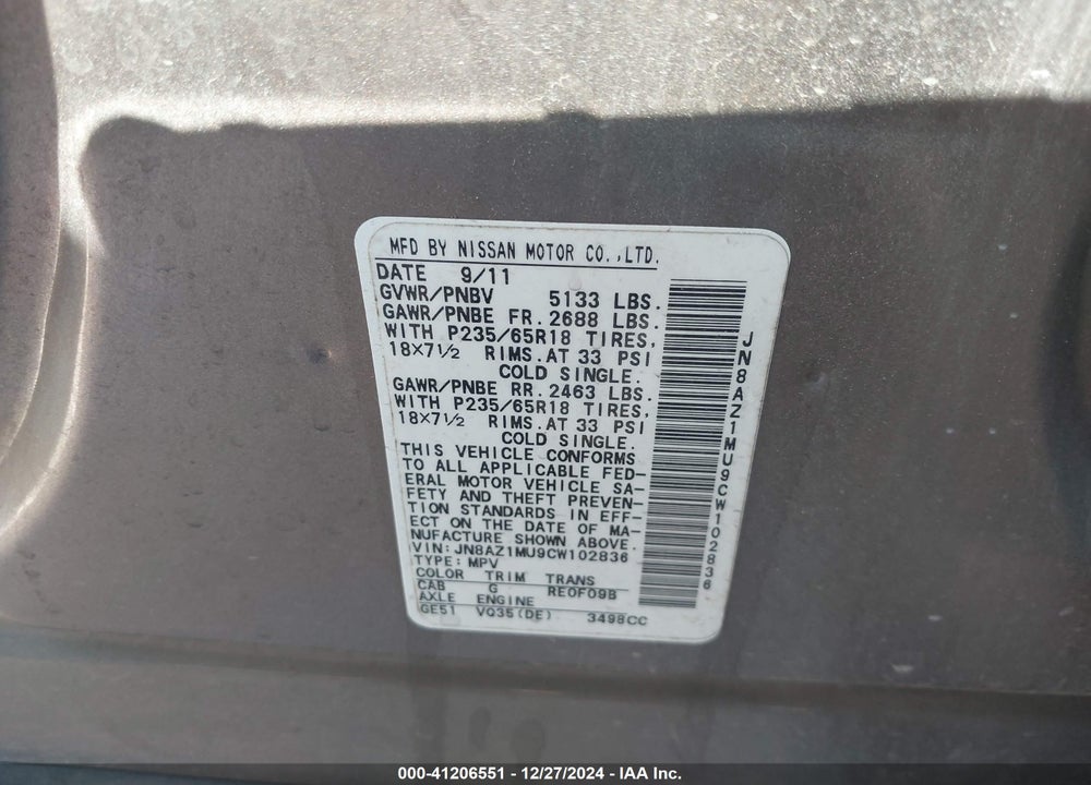 2012 NISSAN MURANO S VIN: JN8AZ1MU9CW102836