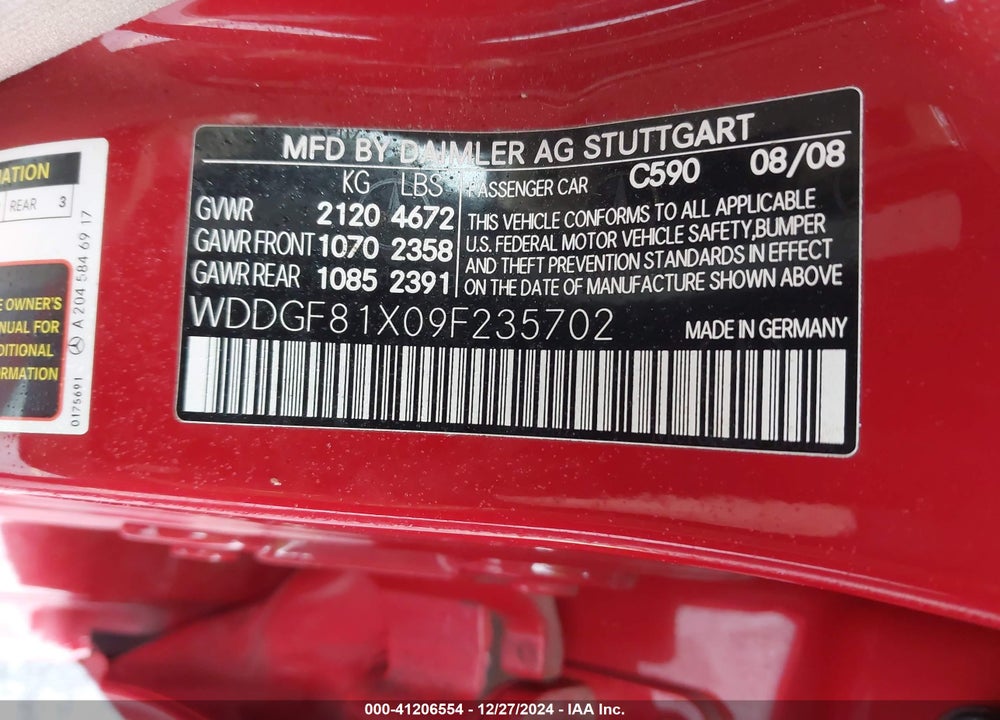 2009 MERCEDES-BENZ C 300 VIN: WDDGF81X09F235702