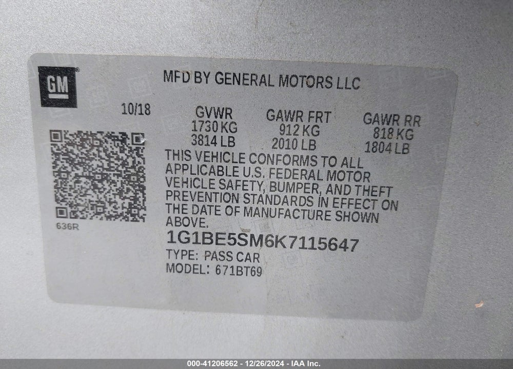 2019 CHEVROLET CRUZE LT VIN: 1G1BE5SM6K7115647