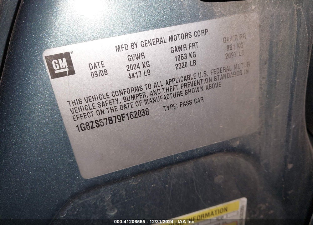 2009 SATURN AURA XE VIN: 1G8ZS57B79F162038
