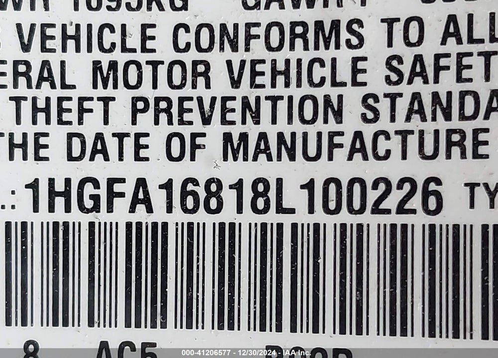 2008 HONDA CIVIC VIN: 1HGFA16818L100226