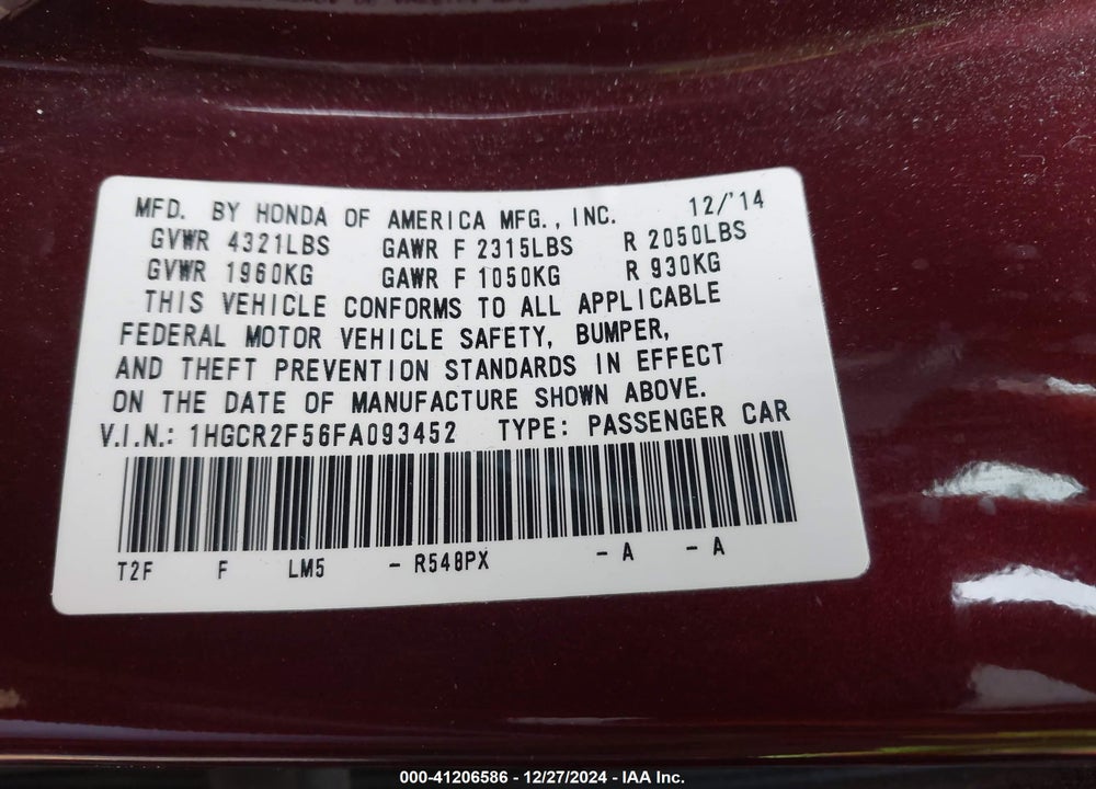 2015 HONDA ACCORD SPORT VIN: 1HGCR2F56FA093452