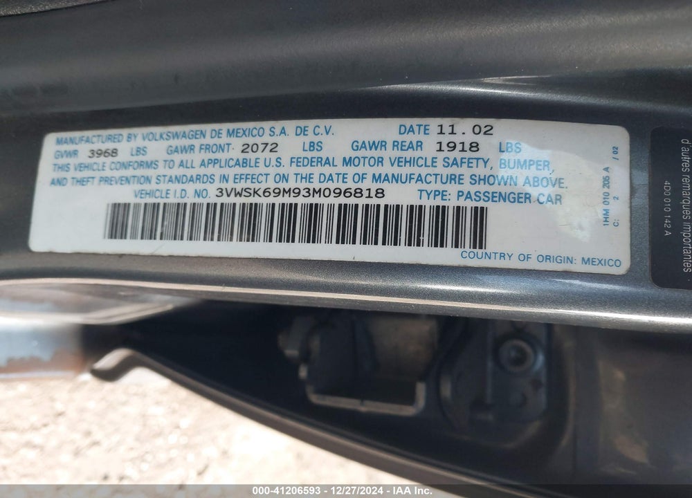 2003 VOLKSWAGEN JETTA GLS 2.0L VIN: 3VWSK69M93M096818
