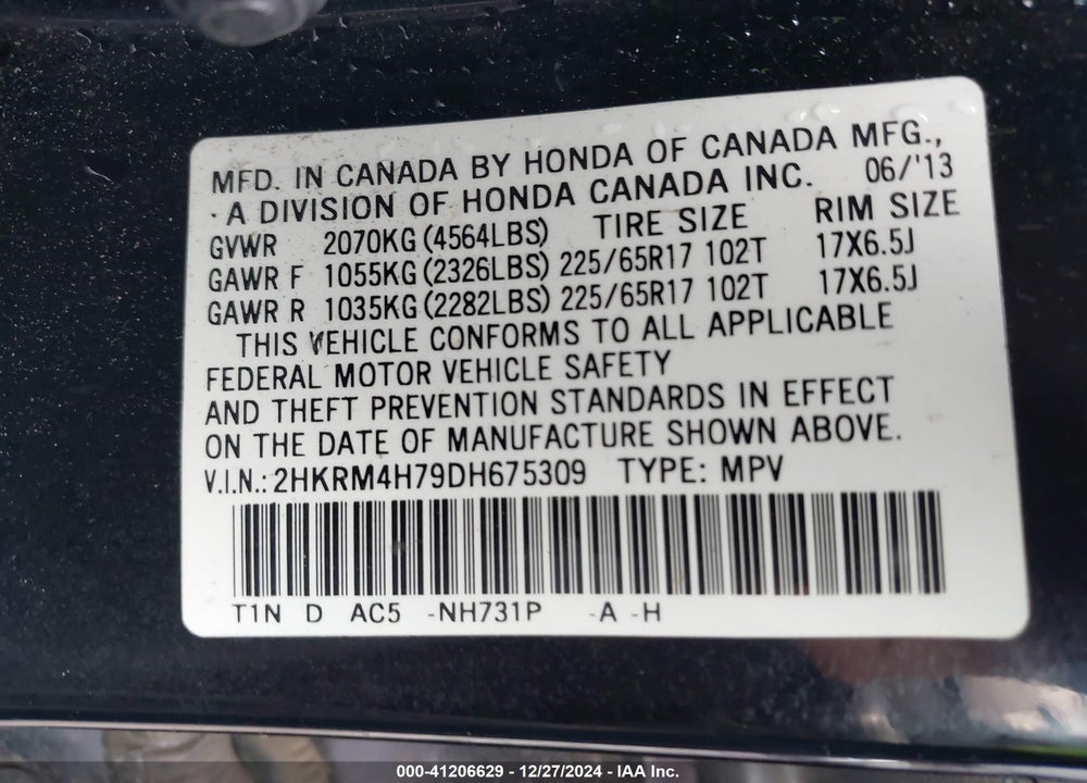 2013 HONDA CR-V EX-L VIN: 2HKRM4H79DH675309