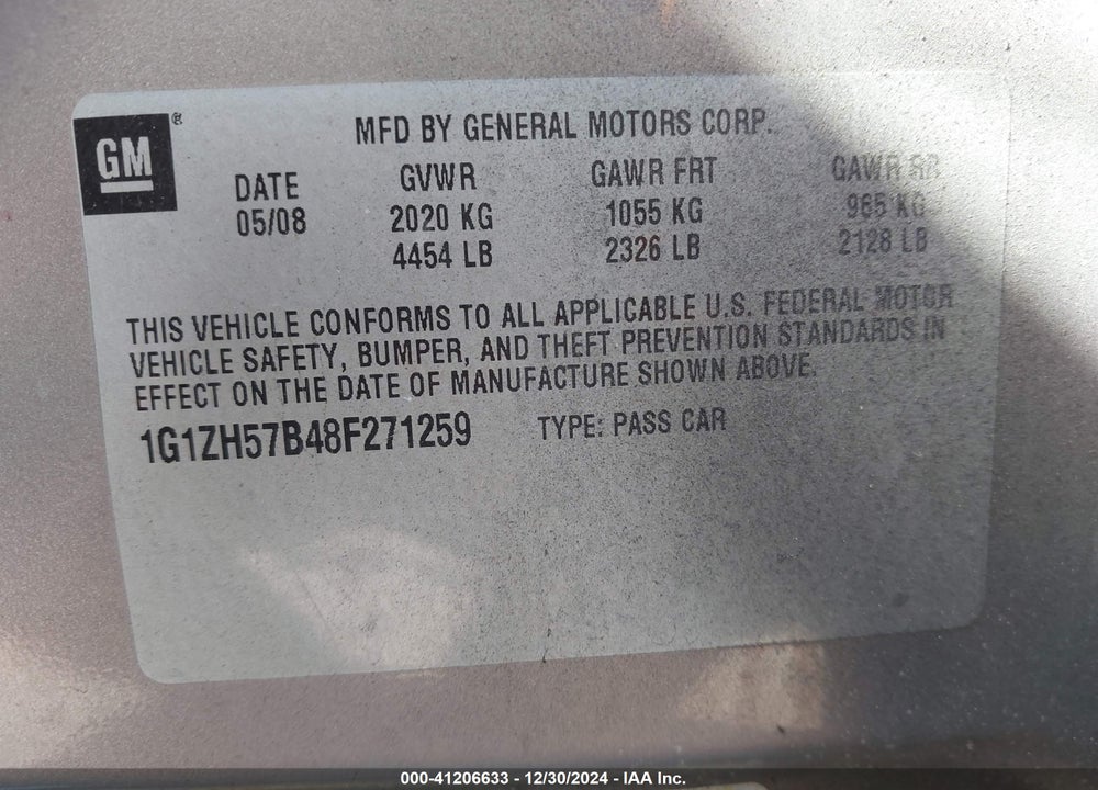 2008 CHEVROLET MALIBU LT VIN: 1G1ZH57B48F271259