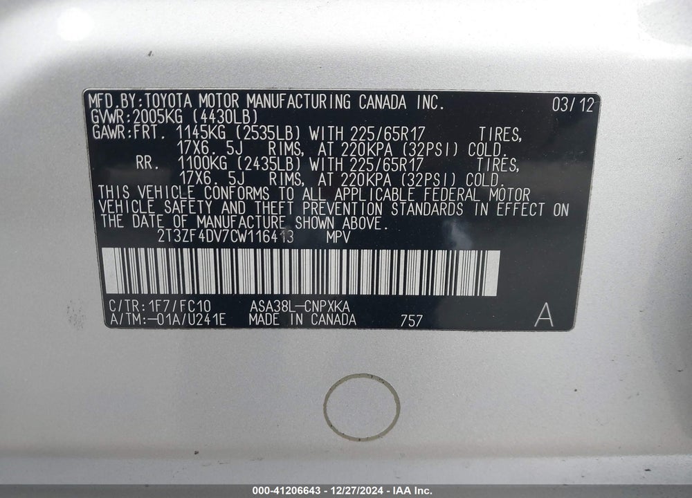2012 TOYOTA RAV4 VIN: 2T3ZF4DV7CW116413