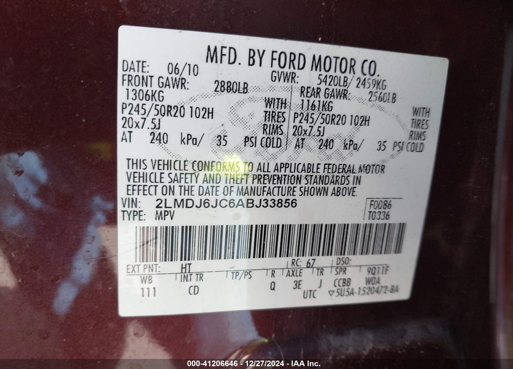 2010 LINCOLN MKX VIN: 2LMDJ6JC6ABJ33856