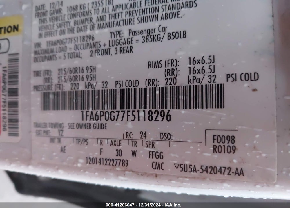 2015 FORD FUSION VIN: 1FA6P0G77F5118296