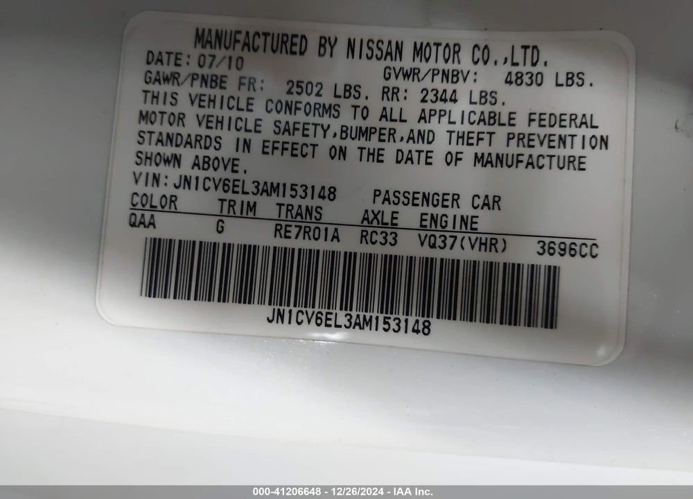 2010 INFINITI G37X VIN: JN1CV6EL3AM153148