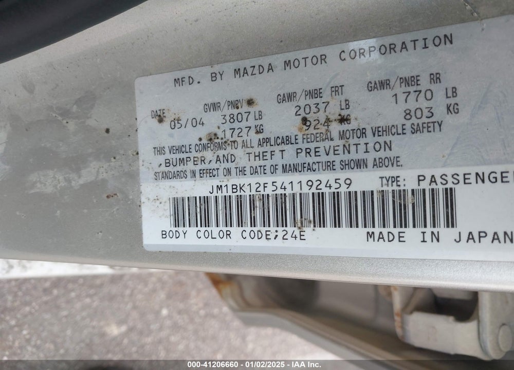 2004 MAZDA 3 I VIN: JM1BK12F541192459