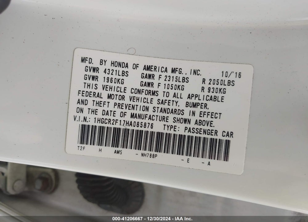 2017 HONDA ACCORD VIN: 1HGCR2F17HA085876