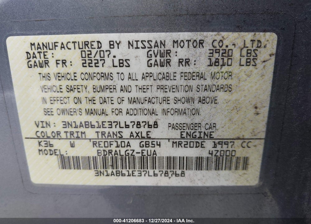 2007 NISSAN SENTRA VIN: 3N1AB61E37L678768
